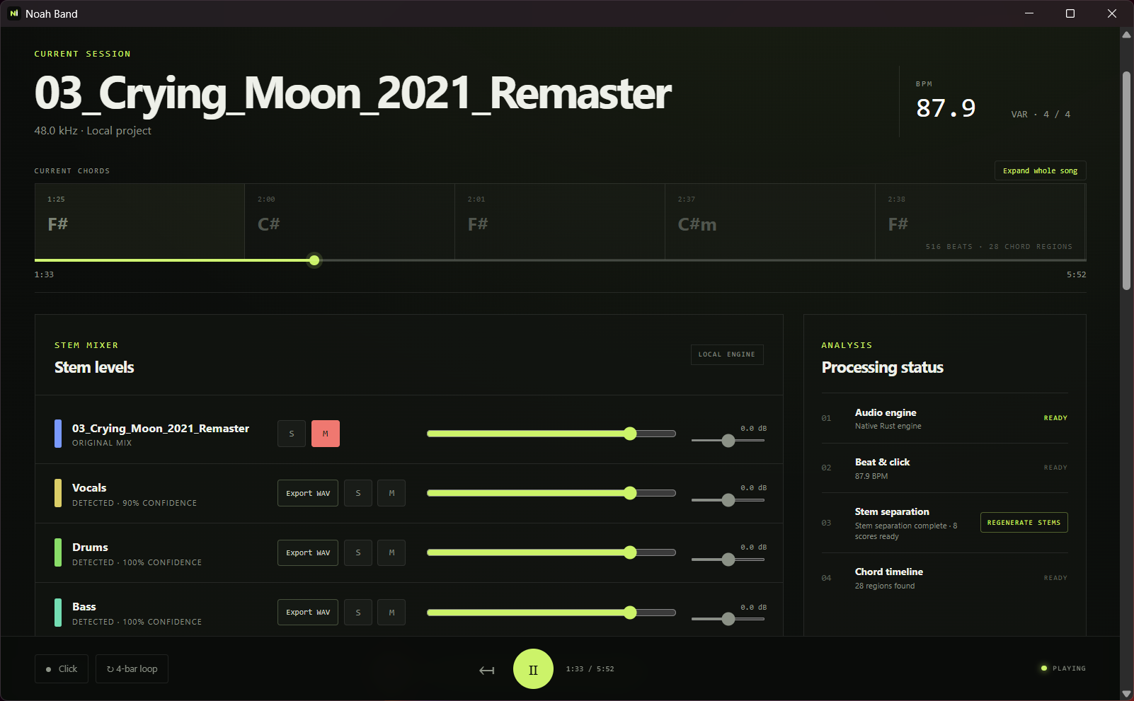 TONVERA BAND desktop app showing a chord timeline, separated stems, mixer, and processing status