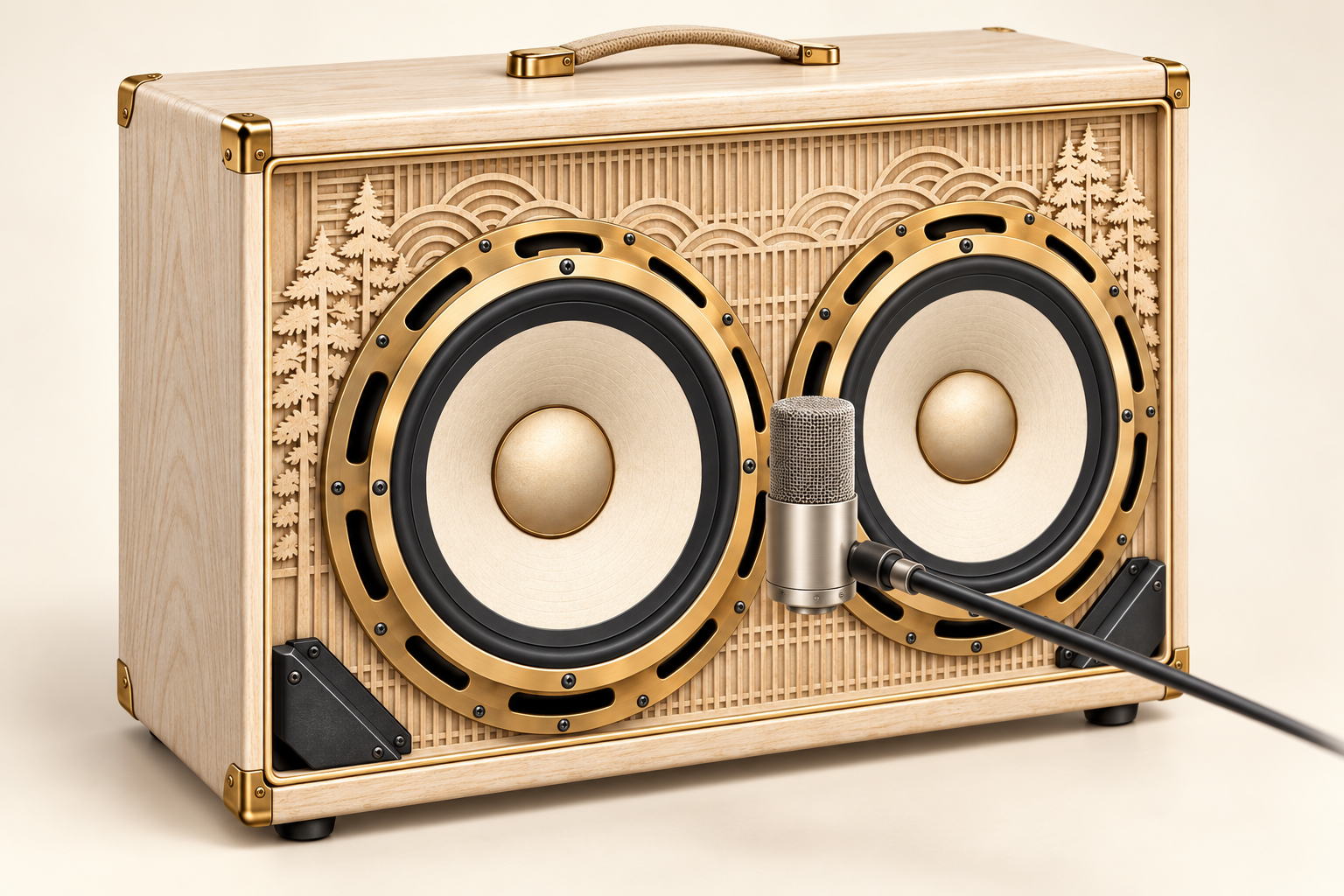 APOLLO cabinet with two cream speakers and a microphone positioned at the cone edge