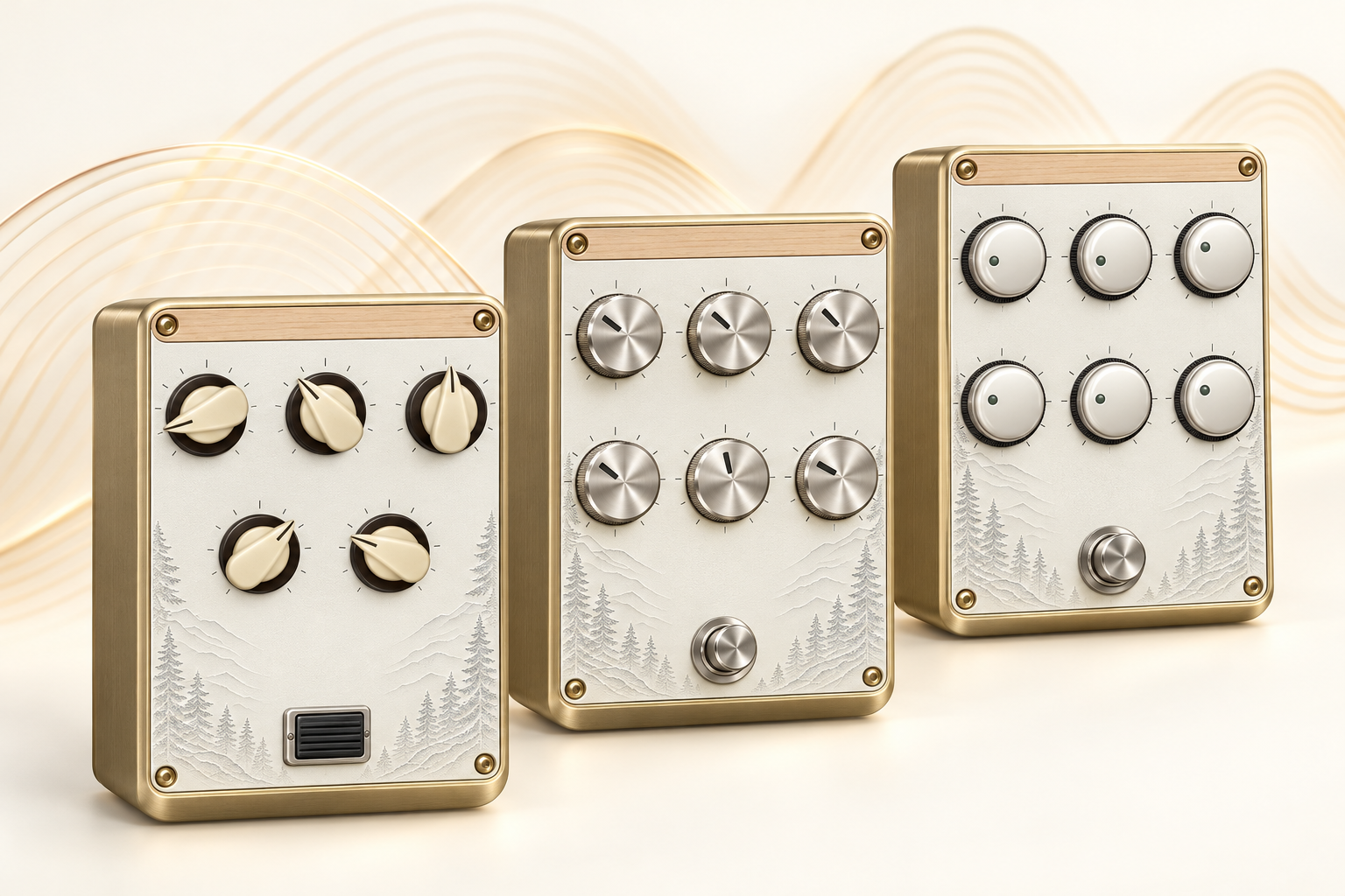 APOLLO modulation, delay and reverb pedals with soft amber sound waves