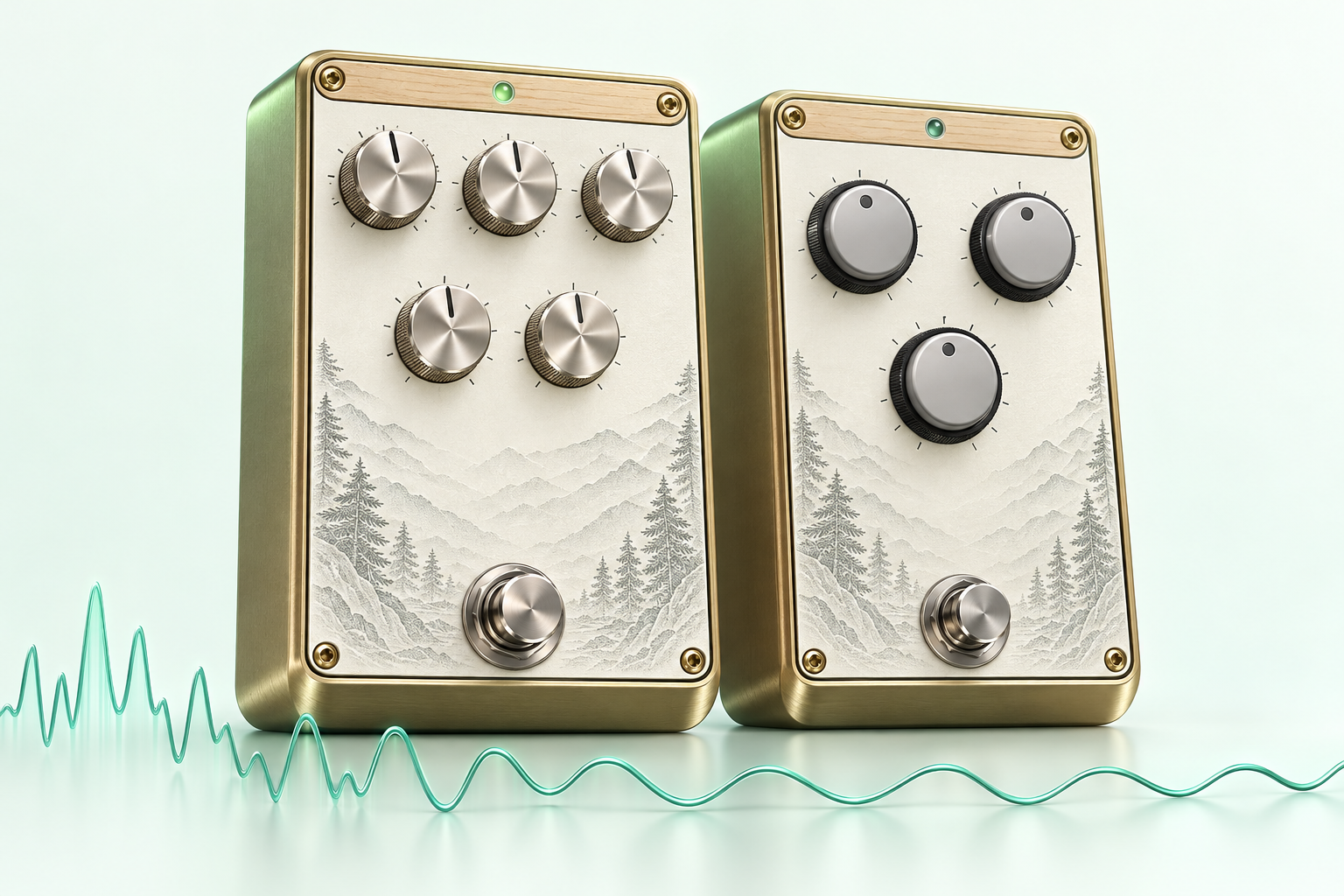 ATLAS compressor and drive pedals beside a teal audio waveform