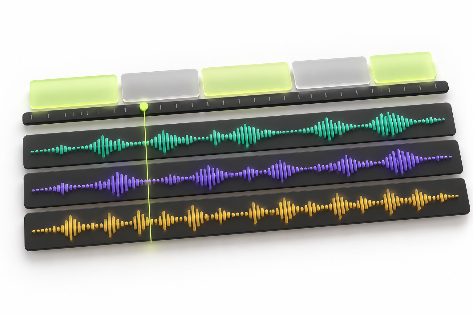BAND chord regions and beat markers aligned above colored audio tracks