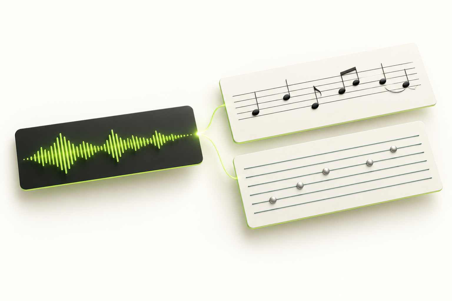 BAND audio waveform connected to notation and six tablature strings