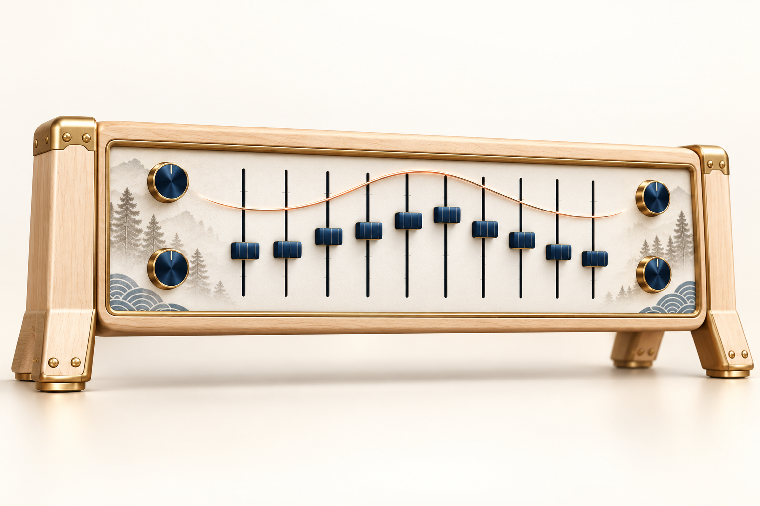Ten navy EQ sliders in an ivory and wood frame beneath a copper response curve