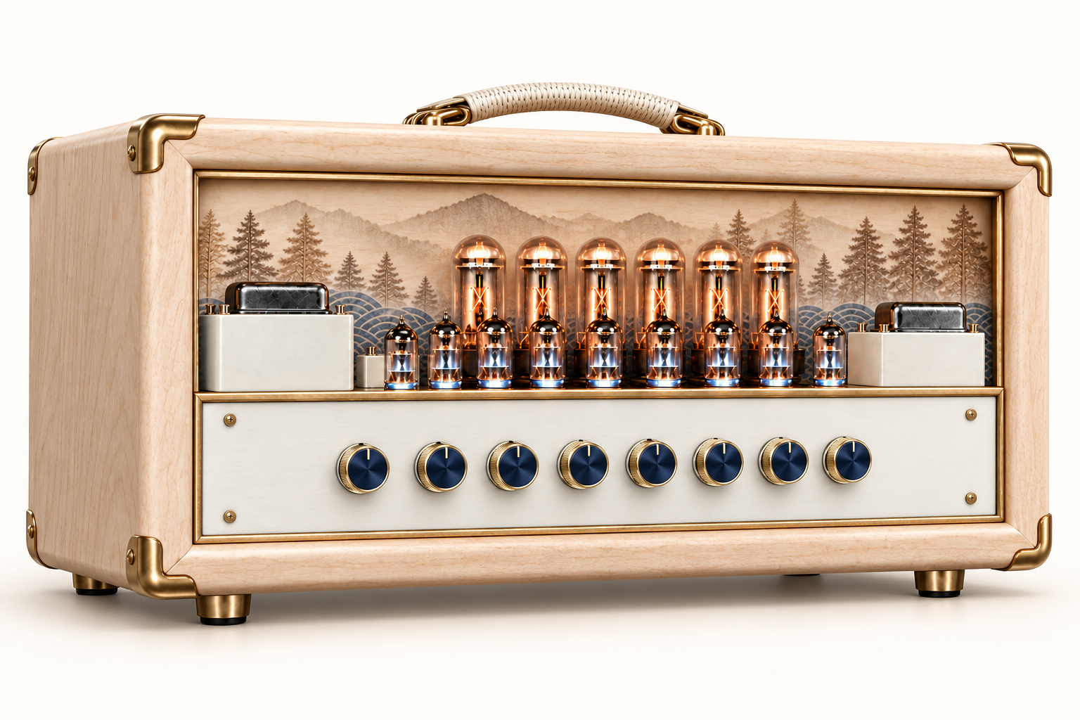 APOLLO tube amp with light wood, brass trim and glowing valves