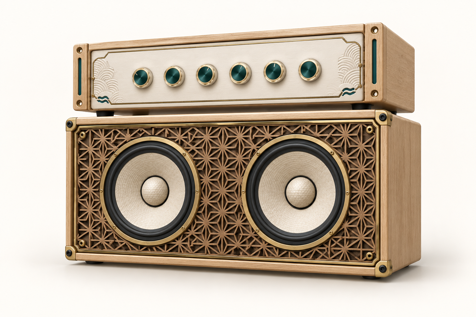 ATLAS bass amp and dual-speaker cabinet with teal controls and a wooden grille