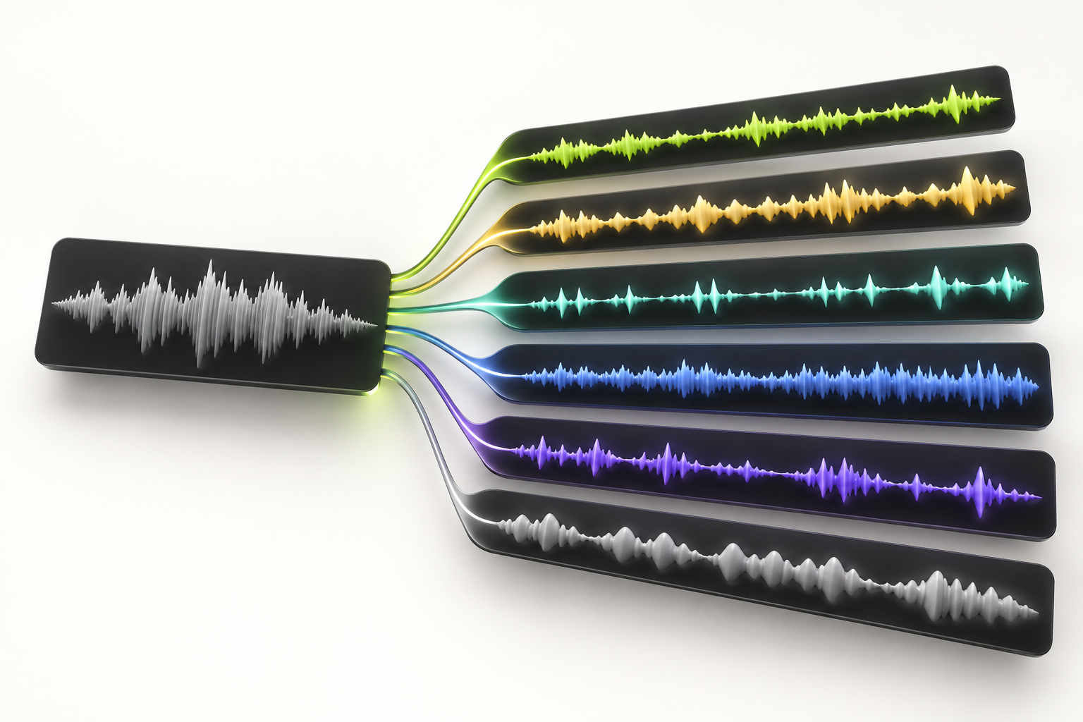 BAND audio waveform separating into six colored track ribbons