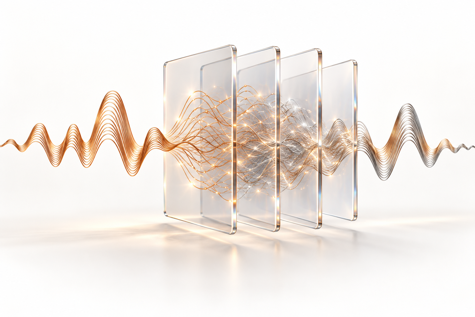 Copper and silver sound waves flowing through glass layers